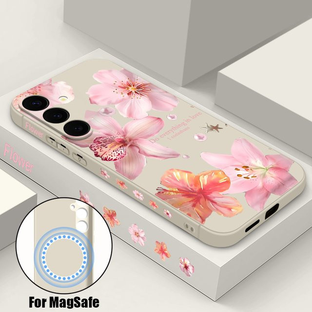 MOESOE Magnetische Handyhülle mit rosa Blumen Design für Samsung Galaxy S25 S24 S23 S22 Ultra Plus S21 FE, TPU Cover mit MagSafe Wireless Charging Kompatibilität - Bild 1