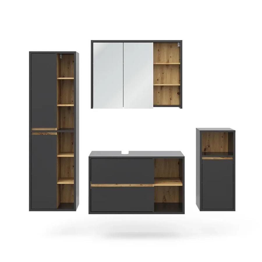 Vicco Badmöbel-Set Viola in Anthrazit und Eiche, 4-teiliges modernes Badezimmer-Set bestehend aus Spiegelschrank, Waschtischunterschrank, Midischrank und Hochschrank - Bild 3