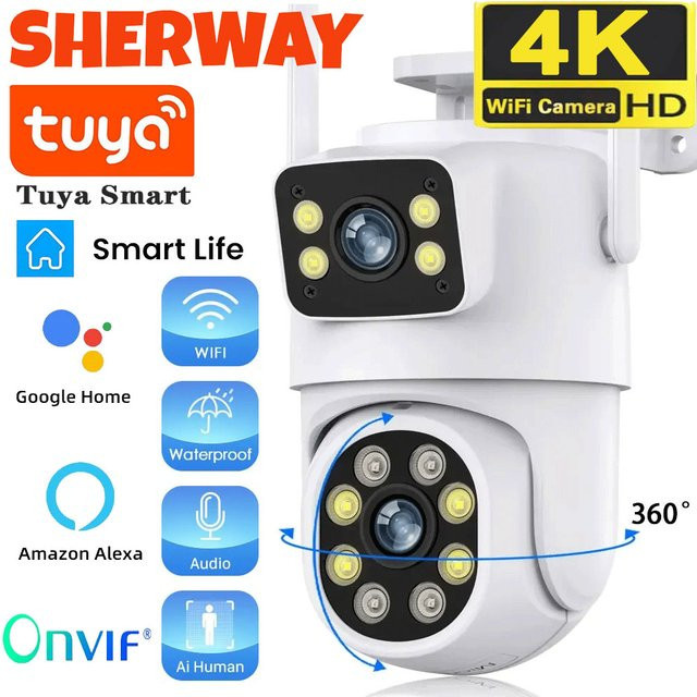 Tuya 4K 8MP Dual Objektiv WIFI PTZ Outdoor Überwachungskamera mit Dual Screen, AI Human Auto Tracking und Sprachsteuerung für Alexa und Google, Weiß - Bild 1