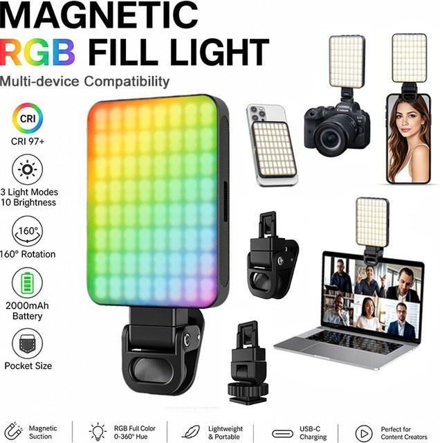 SZKOSTON Magnetisches RGB-LED-Fill-Light mit 2000mAh Akku in Schwarz für iPhone, DSLR und Laptop zur Fotografie und zum Live-Streaming - Bild 1