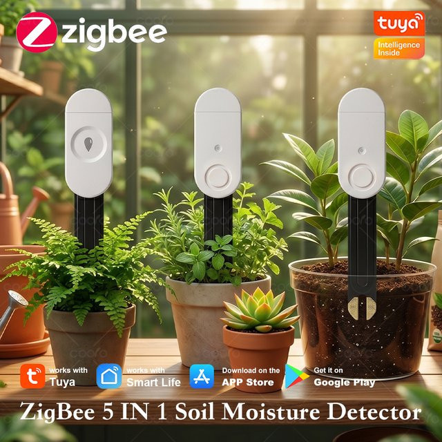 Coolo Zigbee Bodenfeuchtesensor für Tuya und Smart Life – 5-in-1 Detektor für Temperatur, Feuchtigkeit, Licht und Bodenfeuchtigkeit in Weiß - Bild 1