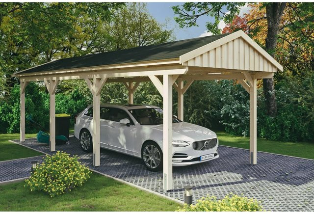 Skan Holz Carport Fichtelberg aus Fichte Leimholz in Beige mit schwarzen Dachschindeln B/T: 317 x 808 cm, Höhe: 303 cm - Bild 1