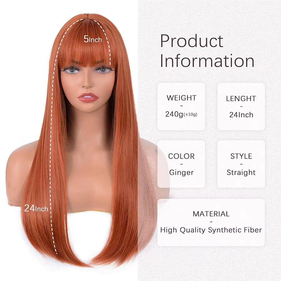 WENYAN Perücke, 24 Zoll, orange, glatt, mit Pony, Damen - Bild 2