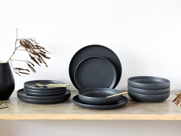 creaTable Tafelservice Uno Black 12-tlg. Geschirr-Set aus Steinzeug in Schwarz mit seidenmatter Spezialglasur für 4 Personen