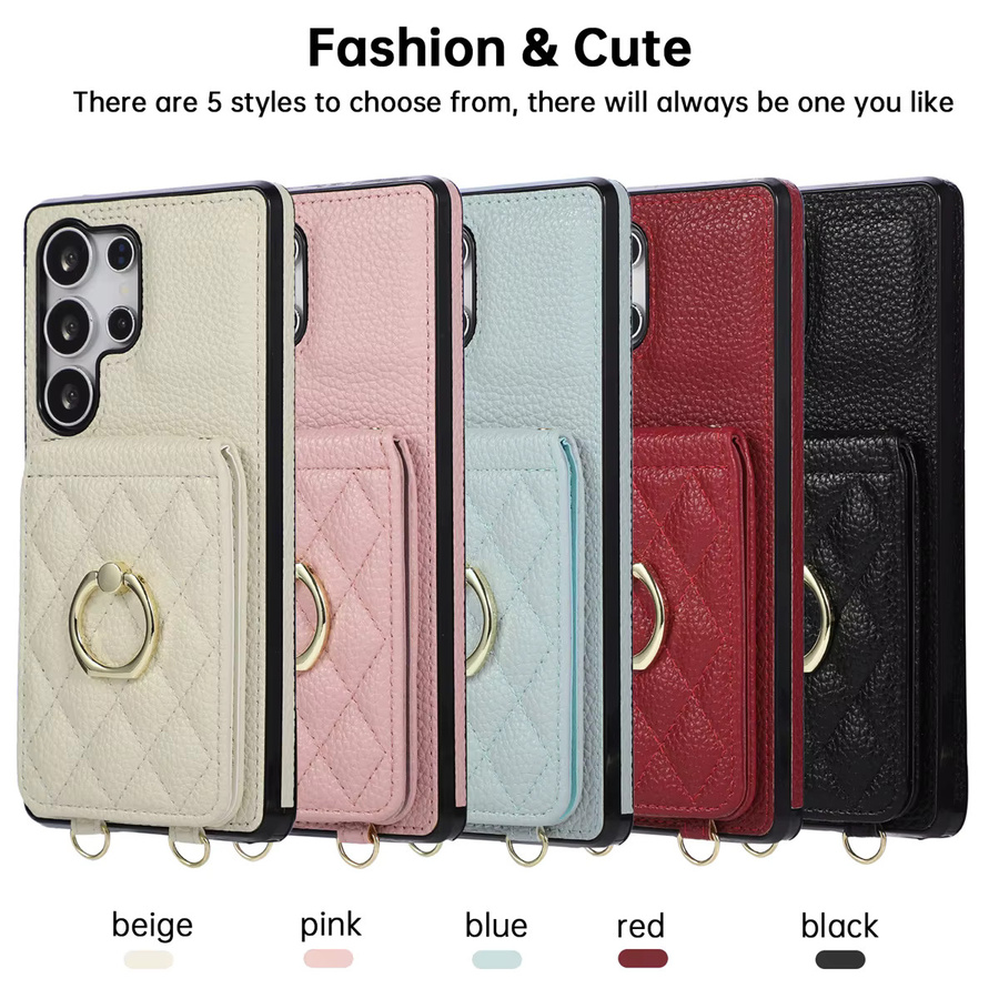 Leder Lanyard Handyhülle mit Wallet Card für Samsung Galaxy S25 S24 S23 S26 Ultra S22 Plus S21 FE S20 Note 20 Ring Flip Cover in Schwarz und Rot - Bild 6