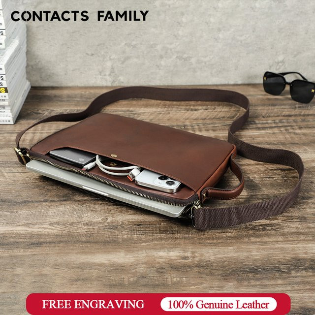 CONTACTS FAMILY Herren-Laptoptasche aus echtem Leder für MacBook Pro Air 13 und 14 Zoll, Aktentasche und Umhängetasche in Braun - Bild 1