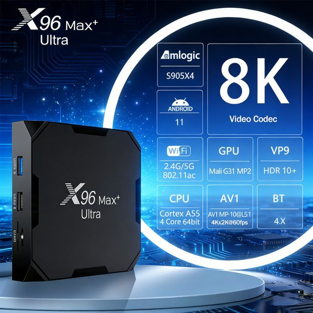 X96Max Plus Ultra Android 11 TV-Box mit Amlogic S905X4 Prozessor, 8K Unterstützung, WLAN und Bluetooth, Media Streamer in Schwarz - Bild 1