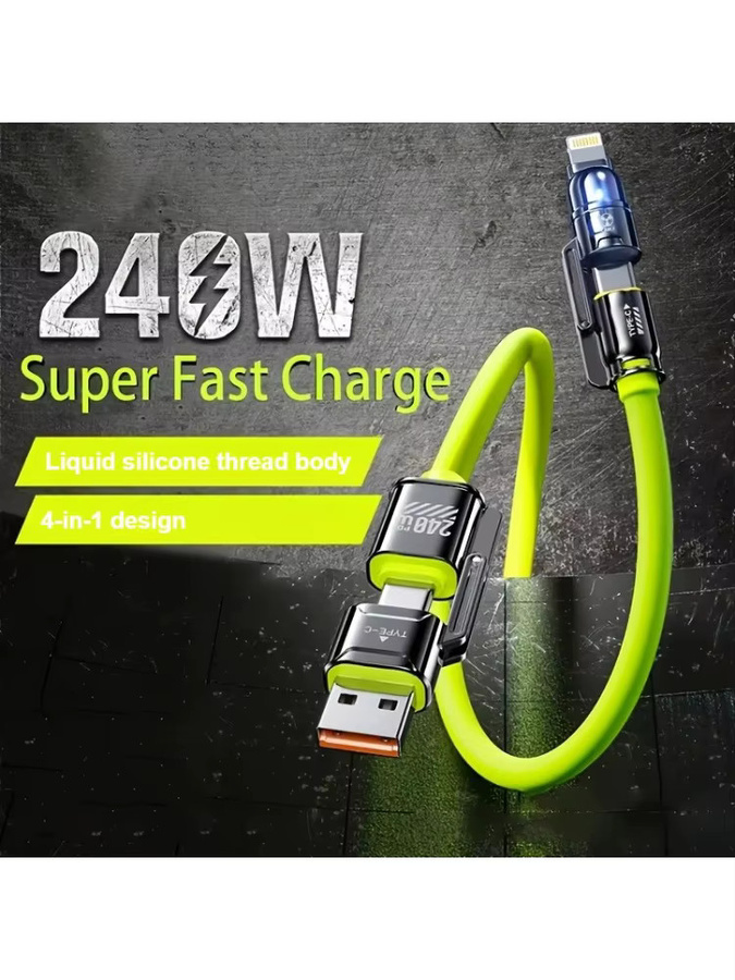 VBNM 4-in-1 Silikon Schnellladekabel mit 240W für iPhone, Samsung und weitere Geräte in Grau und Grün - Bild 5