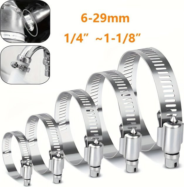 Schlauchschellen-Set aus Edelstahl 304 in Silber, 20-teilig, 1/4 Zoll bis 1-1/8 Zoll (6–29 mm) für Rohre, Ladeluftkühler und Sanitär - Bild 1
