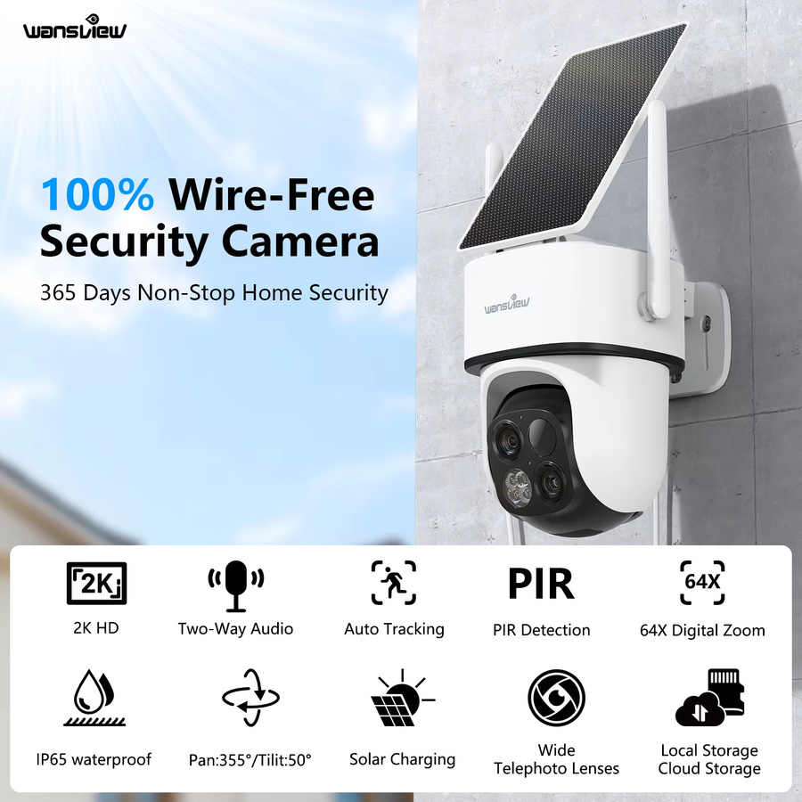 Wansview Dual-Objektiv 2K Solar-Überwachungskamera für den Außenbereich, kabellose WLAN PTZ Akku-Kamera mit PIR-Bewegungserkennung, Farb-Nachtsicht, Zwei-Wege-Audio und IP65 wasserdicht, Weiß - Bild 2