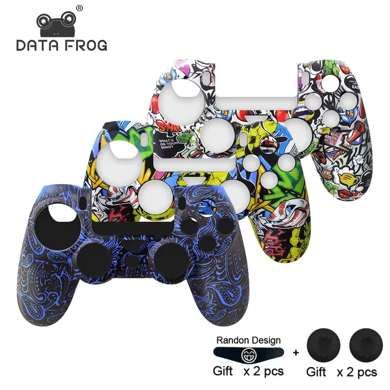 DATA FROG Silikon-Controller-Abdeckungsset für PS4 Pro Slim mit Daumengriffkappen in Gelb und Multicolour - Bild 1