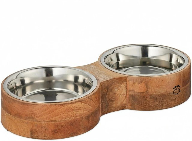 Relaxdays Hundenapfbar aus Mangoholz mit 2 Edelstahl-Napfschalen in Natur und Silber, B/T/H: 48 x 22 x 8 cm - Bild 1