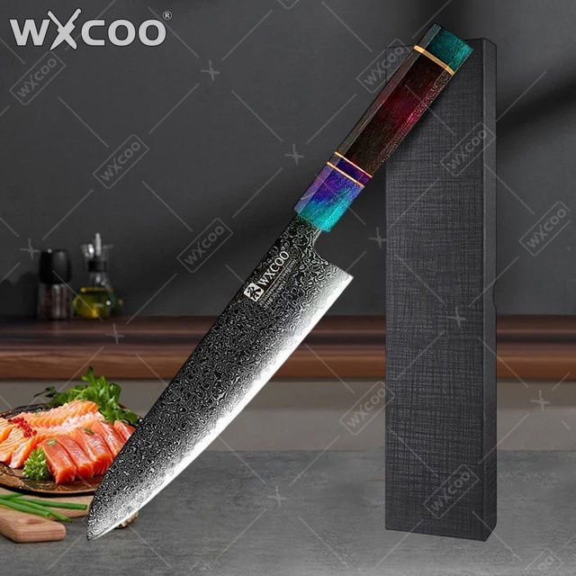 WXCOO Damaszener Stahl Kochmesser aus Japan mit achteckigem Holzgriff, 8 Zoll, Mehrfarbig - Bild 1