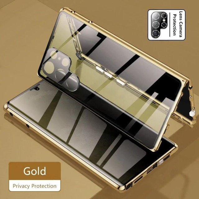 Magnetische 360 Grad Anti-Spionage Schutzhülle mit gehärtetem Glas für Samsung Galaxy S25 S24 S23 S22 S21 Ultra Plus FE in Gold und Transparent - Bild 1