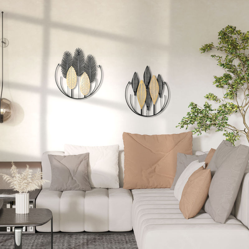 HOMCOM 2er-Set 3D-Wandbild aus Metall mit Blättermotiv, moderner Wandschmuck für dein Wohnzimmer in Schwarz, Gold und Braun, B/H: 40 x 46 cm - Bild 2