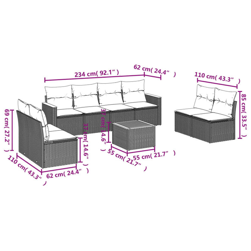 Vidaxl Gartenmöbel-Set aus Polyrattan mit Kissen, 9-teilig, Grau, Modernes Design - Bild 2