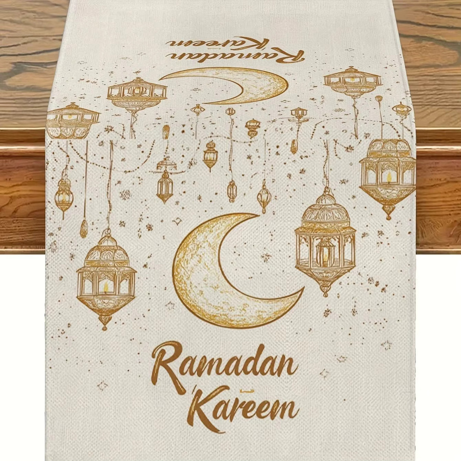 VIKAMA Ramadan Tischläufer mit Goldstern- und Mondmuster aus Leinen, Orientalisches Design, Breite: 33 cm, Länge: 90 cm - Bild 2