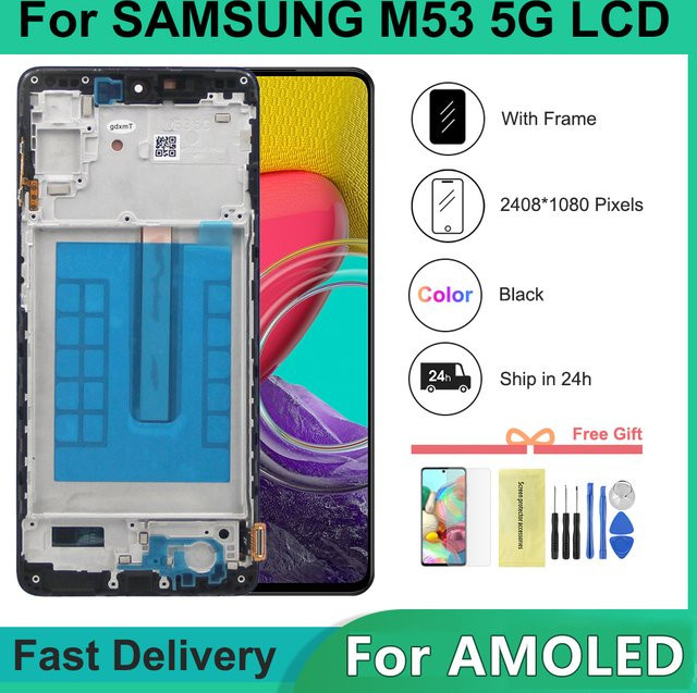 Samsung AMOLED LCD Display mit Touchscreen und Rahmen für M53 5G, Farbe: Schwarz, Kompatibel mit SM-M536B, SM-M536B/DS, SM-M536B/DSN - Bild 1