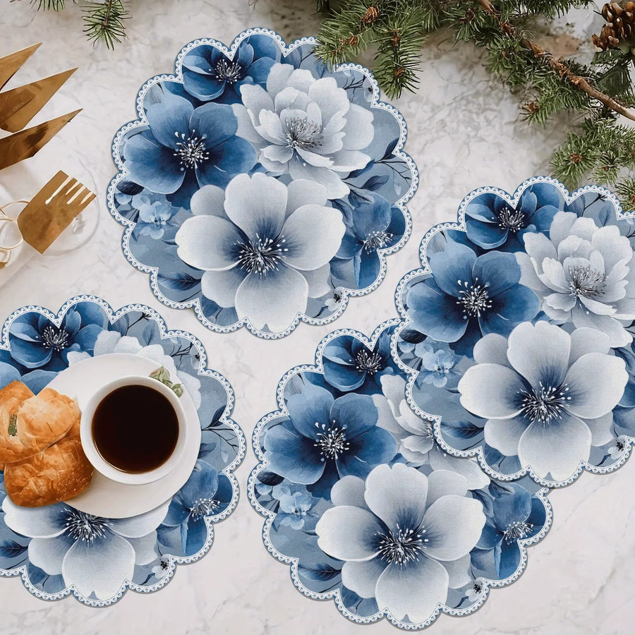 VIKAMA 4-teiliges Spitzen-Tischset mit blauem und weißem Blumenmuster in Herzform - Bild 3