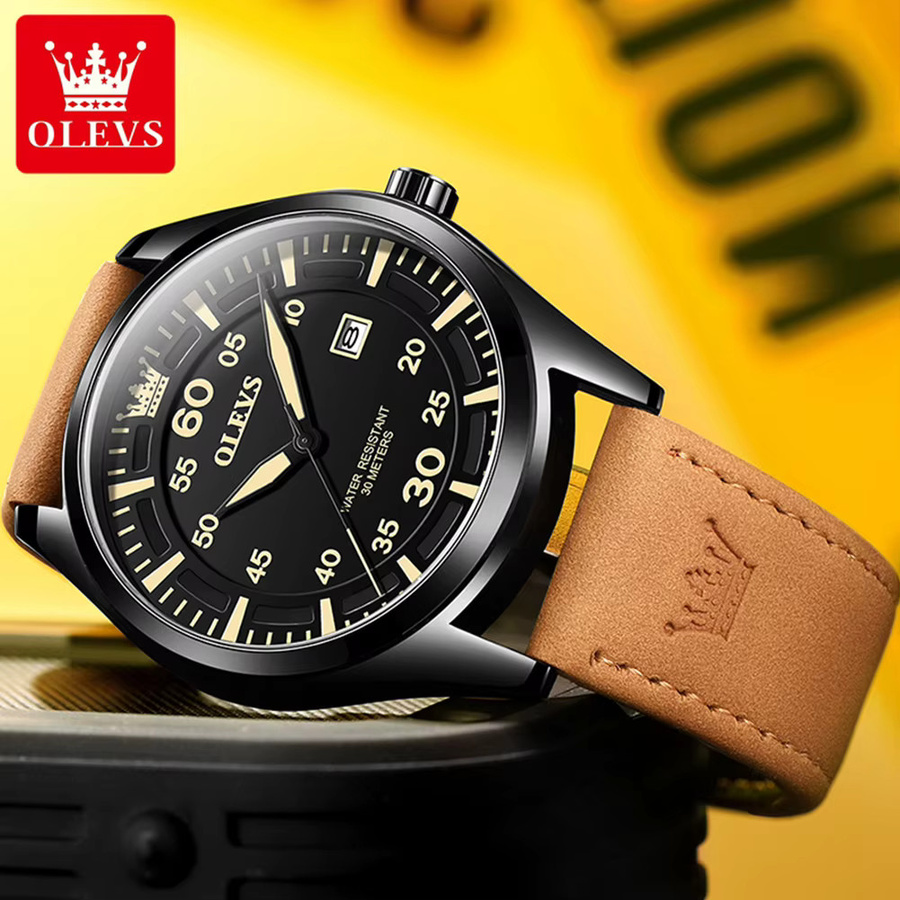 OLEVS Armbanduhr Quarz, Leder, Schwarz, Herren - Bild 2