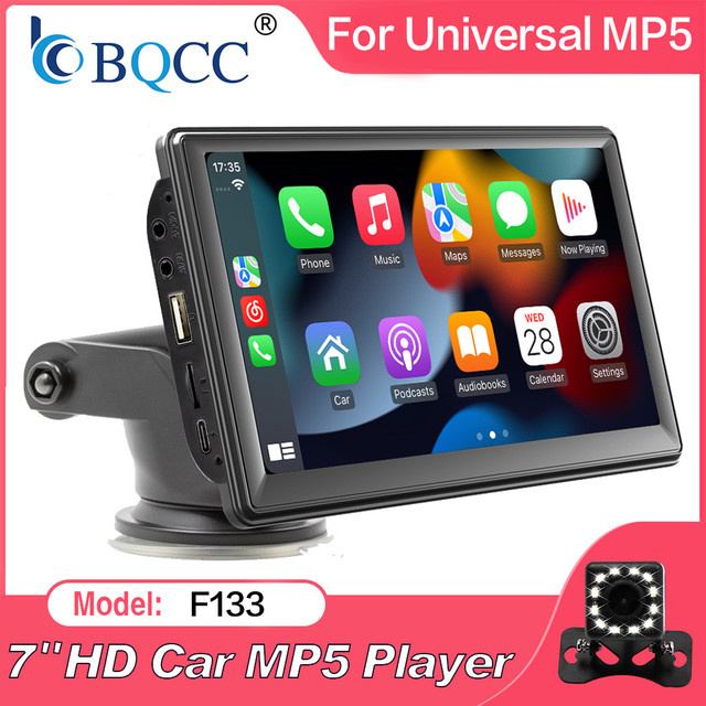 BQCC Tragbares Universelles Autoradio mit 7 Zoll Touchscreen, Bluetooth, FM, kabelloses CarPlay und Android Auto, Schwarz - Bild 1