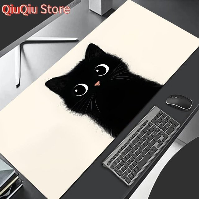 Potdemiel XXL Mauspad im schwarzen Katzen-Design, rutschfeste Schreibtischunterlage mit genähten Kanten in Schwarz und Multicolour - Bild 1