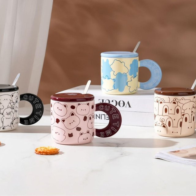 Yiran Furniture Cartoon Doodle Tier Keramik Tasse mit Deckel und Löffel, Weiß, 350 ml - Bild 1
