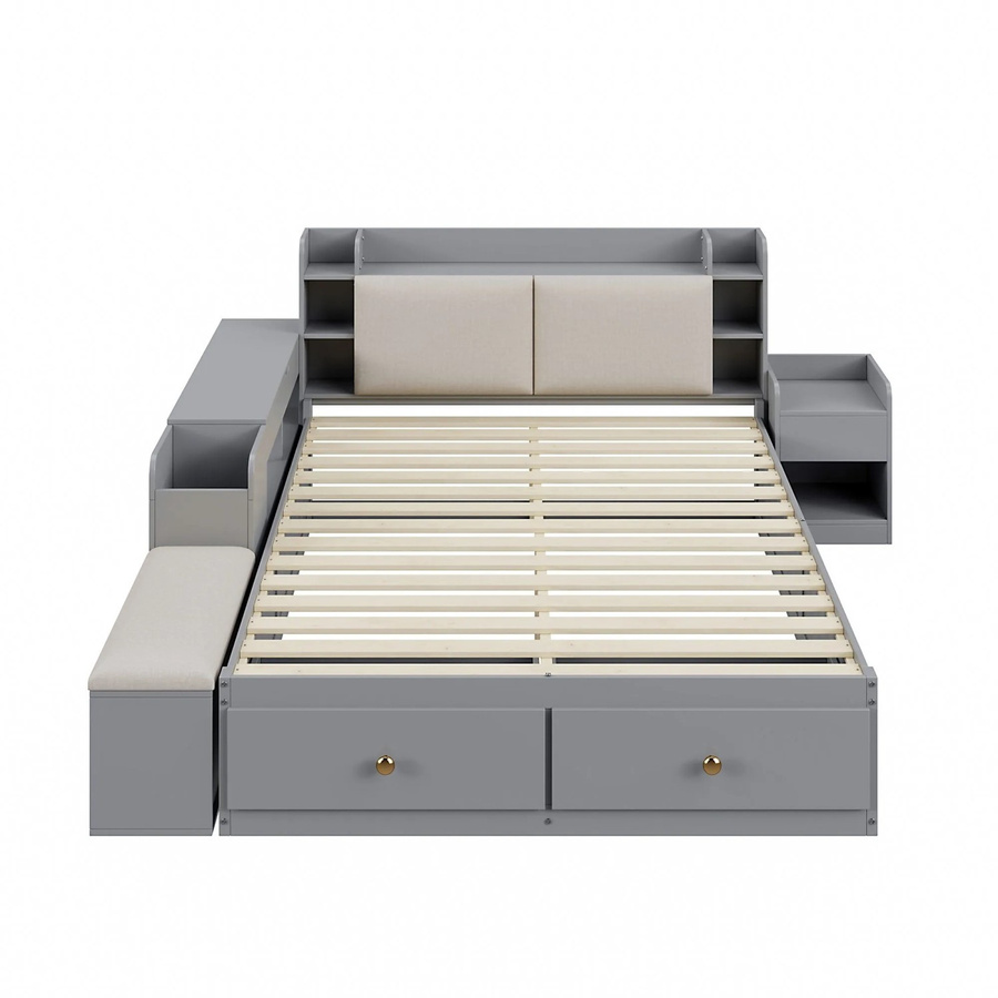 KOMHTOM Massivholz-Kombi-Bett aus Kiefernholz mit Schubladen, Nachttisch, Langschrank und Sofabank, Farbe: Grau, B/T/H: 140 x 200 cm - Bild 2