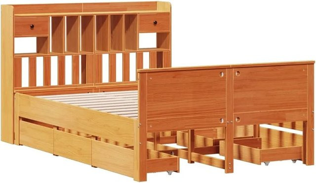 vidaXL Massivholzbett aus Kiefernholz mit Kopfteil-Regal und Schubladen, Braun, B: 150 cm, T: 200 cm - Bild 1