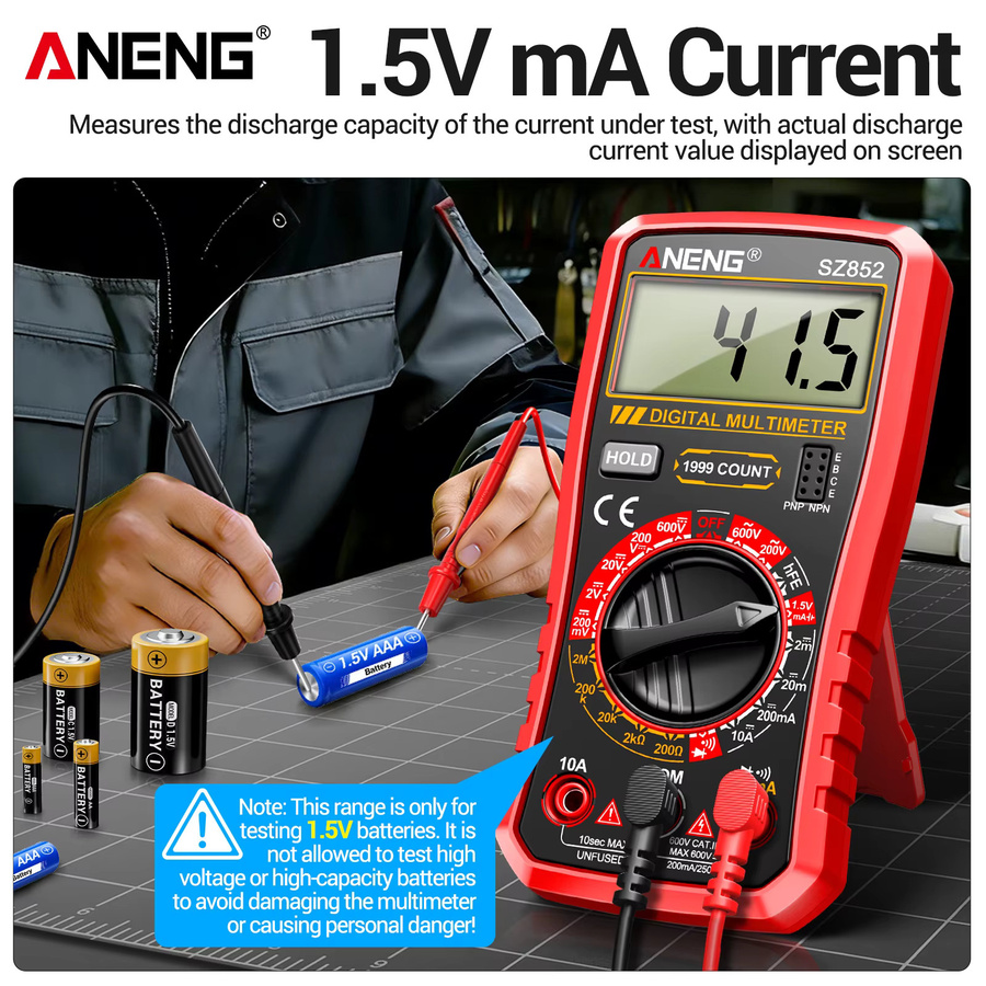 ANENG SZ852 Digitales Multimeter 600V AC/DC 10A mit Strom- Widerstands- und Diodentest, Summer, Datenhaltefunktion und Niedrigbatterie-Anzeige in Rot - Bild 5