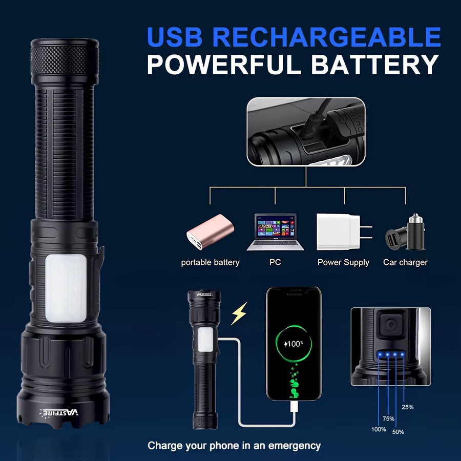 VASTFIRE Taktische LED-Taschenlampe mit USB-Aufladung, Zoom-Funktion und Anzeigeleuchte in Schwarz - Bild 5