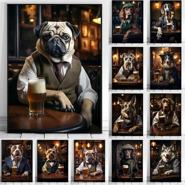 Cuadr Wandkunst Leinwanddruck Hund im Kneipen-Stil Vintage Mehrfarbig - Bild 1