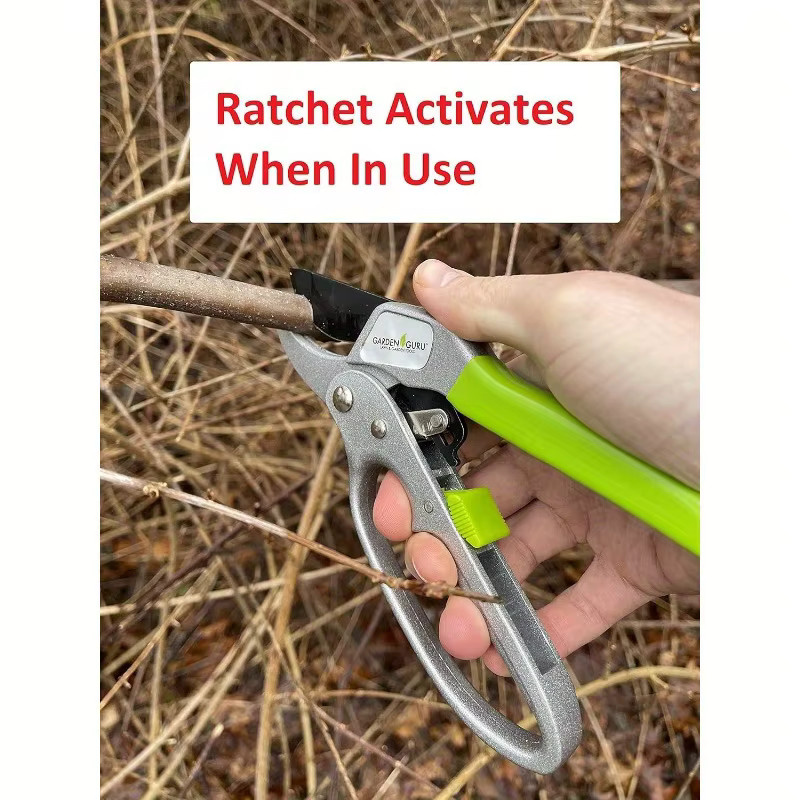 Garden GURU Professionelle Ratschen-Gartenschere in Grün mit 4-facher Schnittkraft und ergonomischen, rutschfesten Griffen sowie Sicherheitsschloss - Bild 2