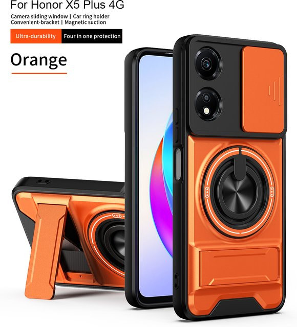 Honor X5 Plus Handyhülle mit MagSafe Magnetischem Klapphalter und Kameraschutz in Schwarz und Orange - Bild 1