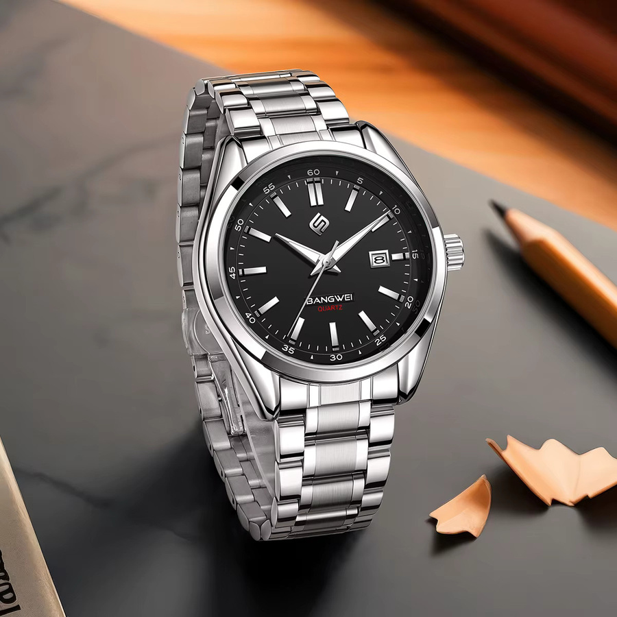 LIGE Armbanduhr Quarz, Edelstahl, Schwarz, Silber, Herren - Bild 4