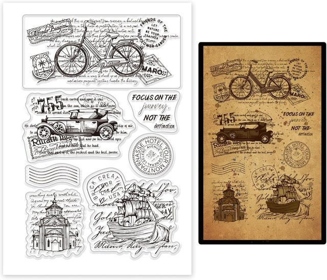 Transparenter Silikonstempel mit Retro-Motiven aus Fahrzeugen, Fahrrädern und Architektur für Vintage-Prägeeffekte - Bild 1