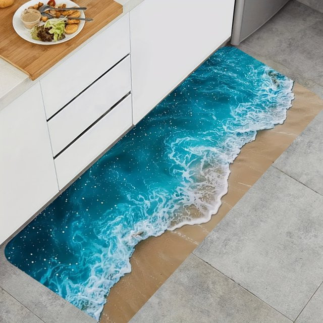 VIKAMA Teppich im Ozean-Strand-Stil, blau, wasserabweisend und fleckenresistent, ideal für Küche, Badezimmer oder Flur - Bild 1