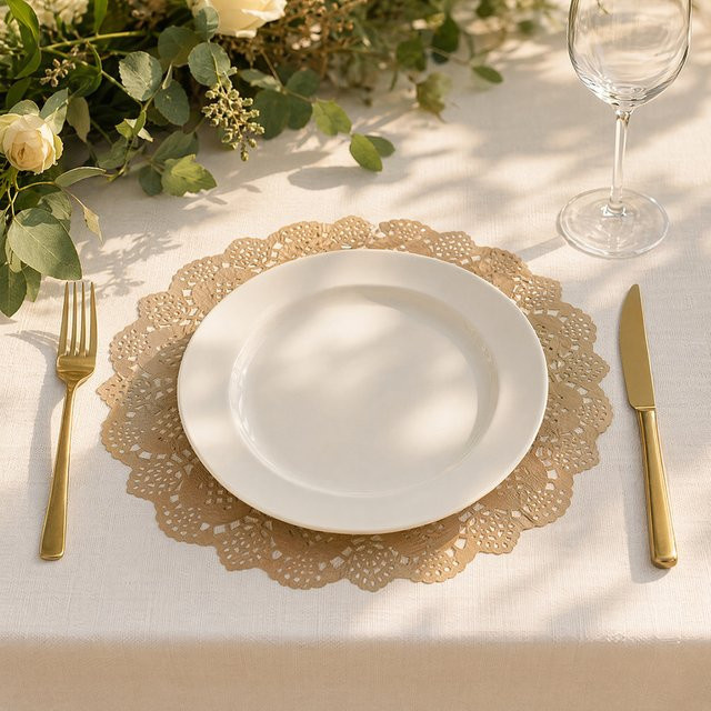 Runde Spitzen-Platzdeckchen aus Papier in Beige für Partys und Hochzeiten, 50 Stück - Bild 1