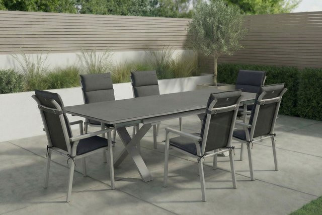 Kettler BasicPlus Pro Garten-Essgruppe mit ausziehbarem Tisch und 6 Stapelsesseln, Silber/Anthrazit, Aluminium und Spraystone, inkl. Auflagen - Bild 1