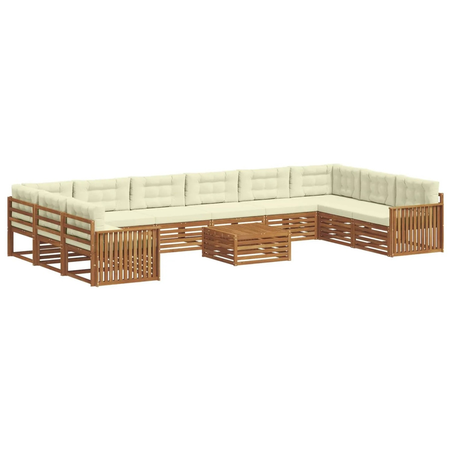 vidaXL Sofagarnitur aus Massivholz Akazie in Natur und Creme, 11-teiliges U-Form Sofa Set mit Polsterung und Kissen - Bild 2