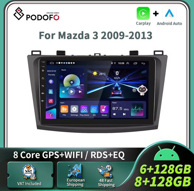 Podofo 9-Zoll Wireless Carplay und Android Auto Autoradio für Mazda 3 2009-2013, 2-DIN Multimedia-Player in Schwarz mit Wi-Fi - Bild 1
