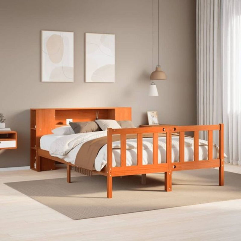 Massivholzbett aus Kiefer mit Regal in Braun von vidaxl, B/T/H: 150 x 200 cm - Bild 1