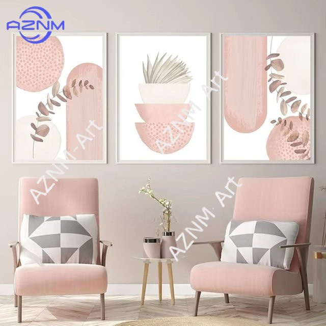 Potdemiel Boho Wandkunst Leinwandgemälde in Zartrosa mit abstrakten Formen und Blättern für dein Wohnzimmer - Bild 1