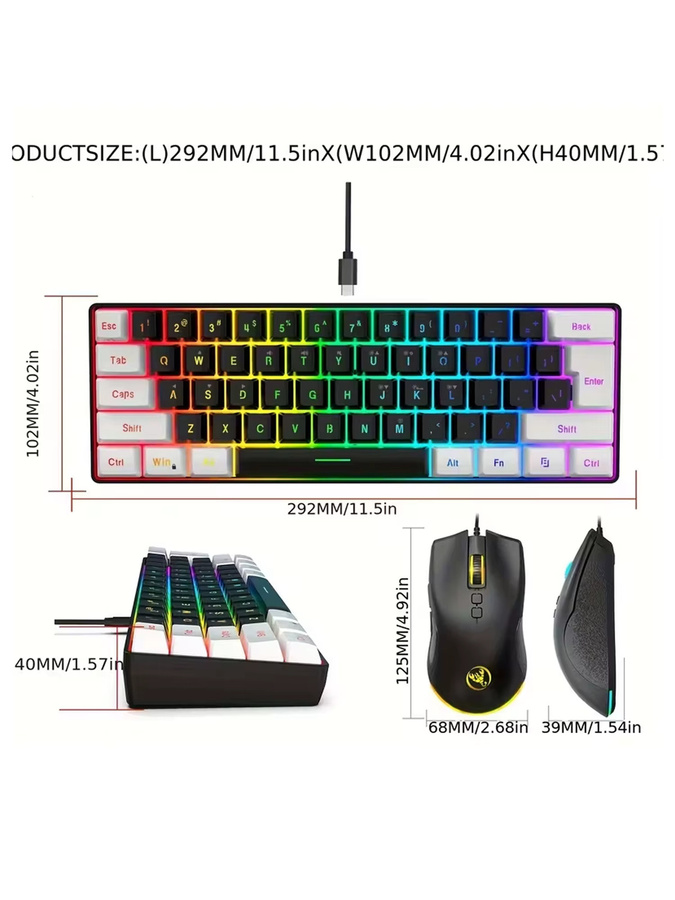 HXSJ Mini-Tastatur- und Mausset mit 61 Tasten, 60 % Layout, USB-Anschluss, zweifarbige spritgegossene Tastenkappen und farbige optische Maus mit Hintergrundbeleuchtung, Schwarz/Mehrfarbig - Bild 5