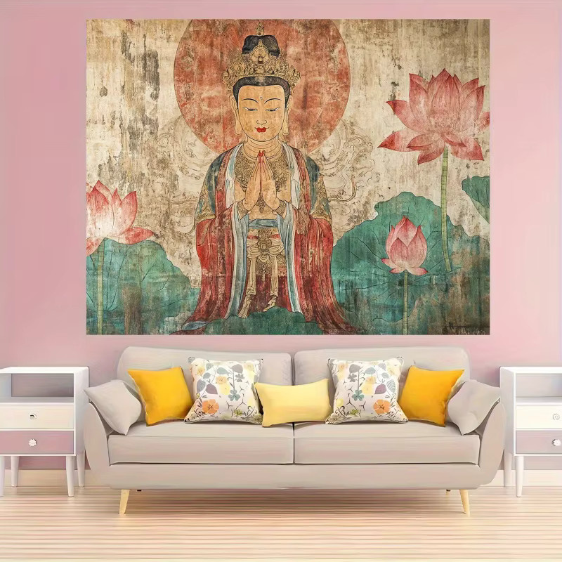 VIKAMA Silent Buddha Lotus Wanddekoration, Textil-Wandteppich in Multicolour mit orientalischem und floralem Design - Bild 2