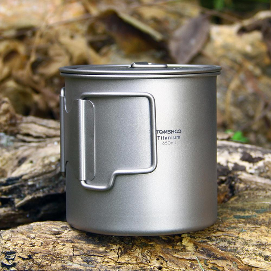 TOMSHOO Ultraleichter Titanbecher Set für den Außenbereich, 2-teilig, Silber, 350 ml und 750 ml mit faltbarem Griff - Bild 3