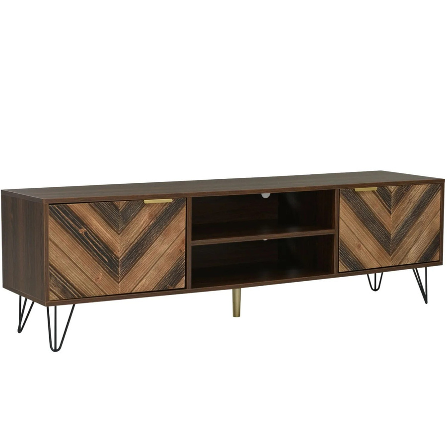 PXloue TV-Schrank aus Massivholzfurnier in Braun mit 2 Türen, Fächern, Goldgriffen und Eisenfüßen, B/H/T: 155 x 38 x 48 cm - Bild 2