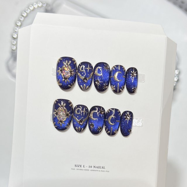 YADORNOS Kunstnägel, Mond-Stern-Stil, tiefblaues Katzenauge, kurz, oval - Bild 1
