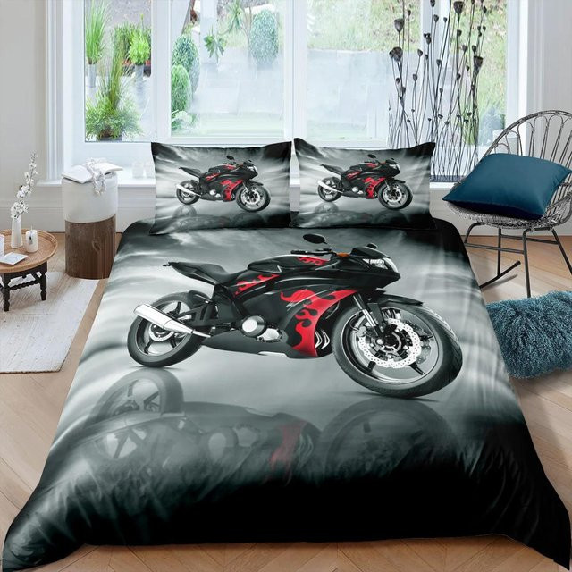 Bettwäsche-Set mit Motorrad- und Traktor-Motiv in Schwarz, 100% Polyester, B/H: 200 x 200 cm - Bild 1