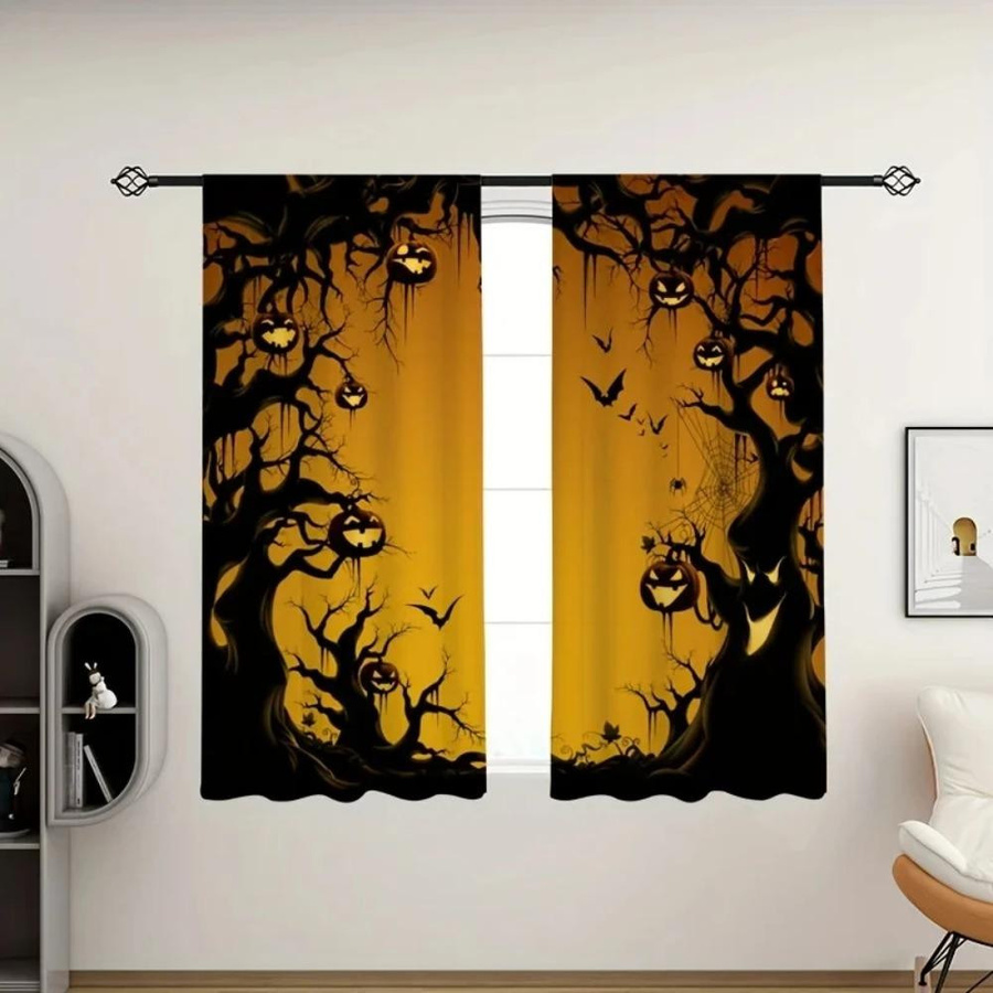 Yiran Furniture Halloween Vorhänge mit Kürbis- und Magischer Wald Motiv, Verdunkelungsvorhänge aus Polyester in Schwarz und Orange, B: 55 cm, H: 120 cm - Bild 3